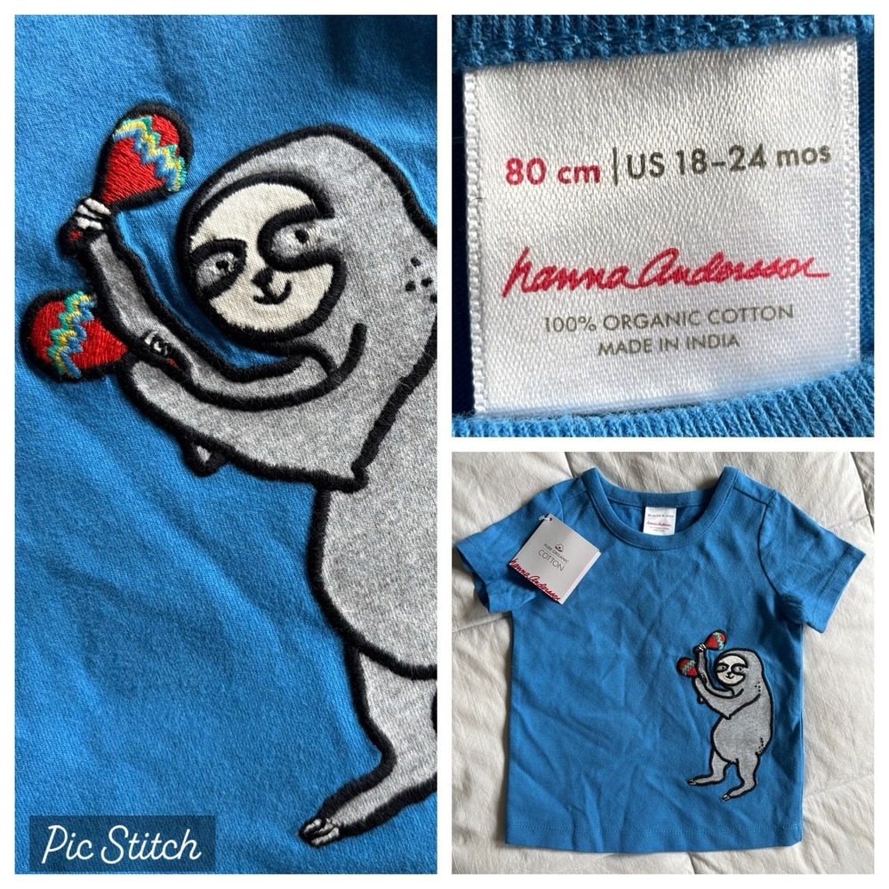 NWT Hanna Andersson Fiesta Sloth Tee Shirt 18-24mo Organic Cotton Blue Unisex